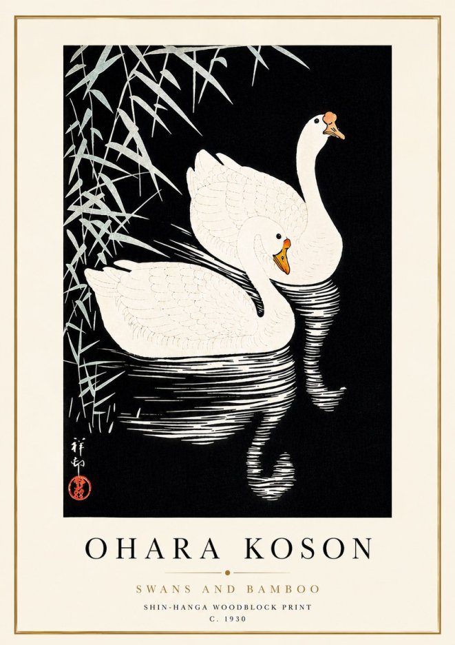 Ohara Koson Swans and Bamboo No5 - Plakat