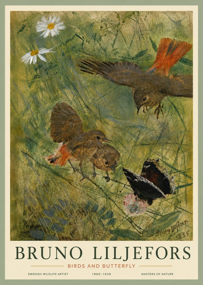 Bruno Liljefors Birds and Butterfly No5 - Plakat