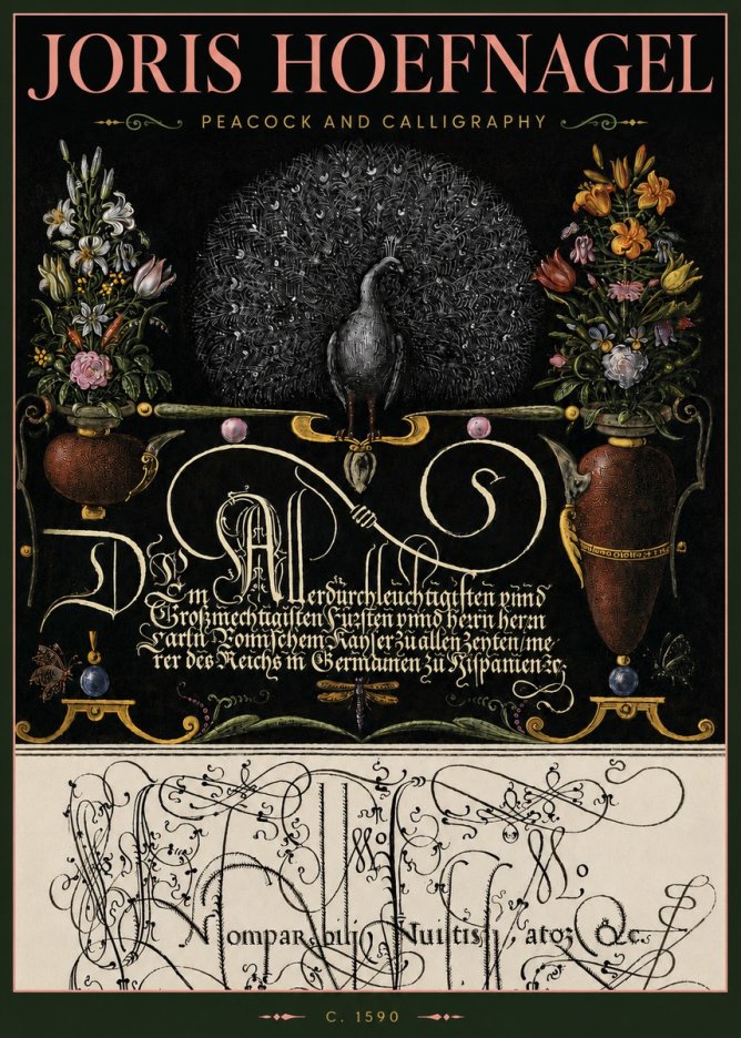 Joris Hoefnagel Peacock and Calligraphy No4 - Plakat