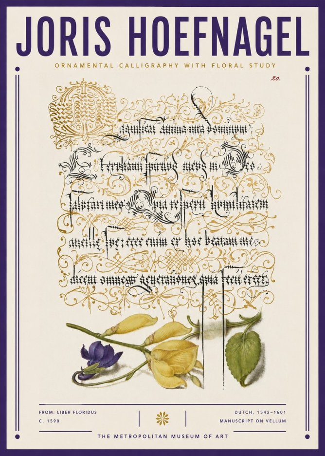 Joris Hoefnagel Ornamental Calligraphy with Floral Study No3 - Plakat