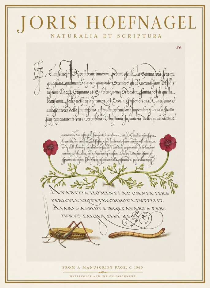 Joris Hoefnagel Illuminated Page with Flowers, Insects & Latin Script No2 - Plakat