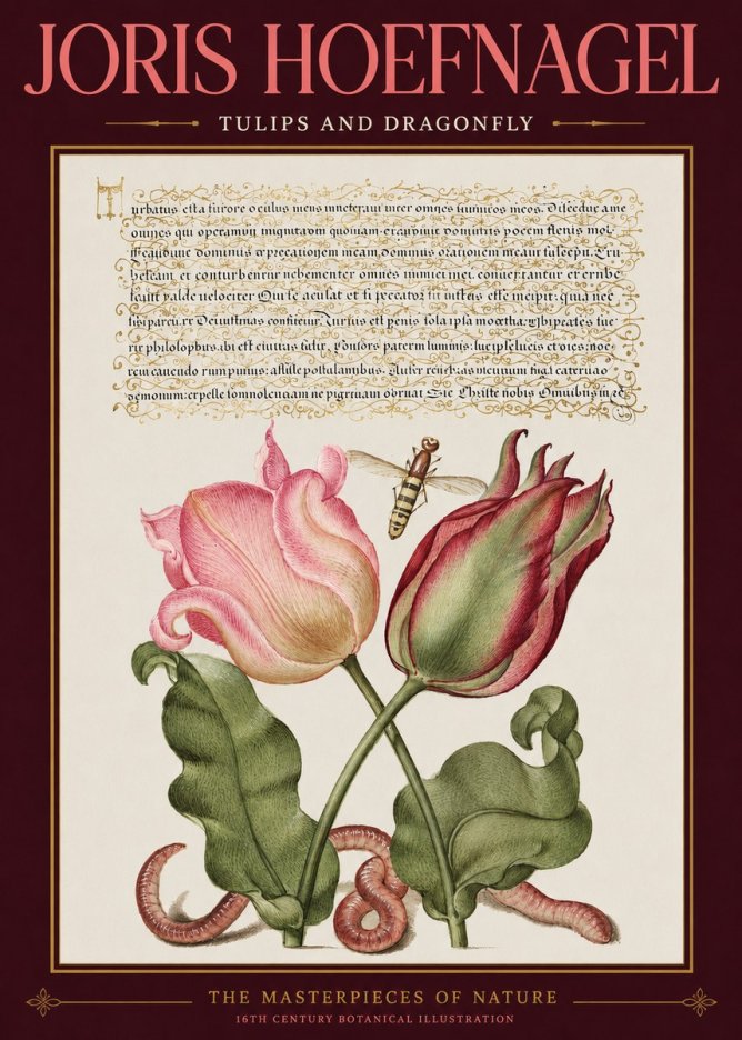 Joris Hoefnagel Two Tulips with Caterpillars and Dragonfly No3 - Plakat