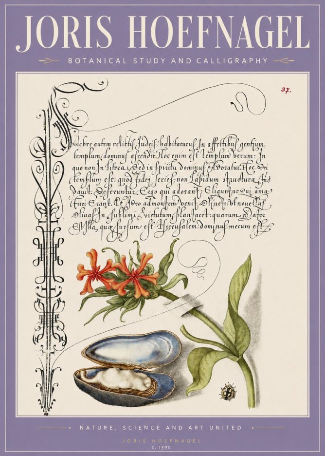 Joris Hoefnagel Botanical Study and Calligraphic Page No3 - Plakat