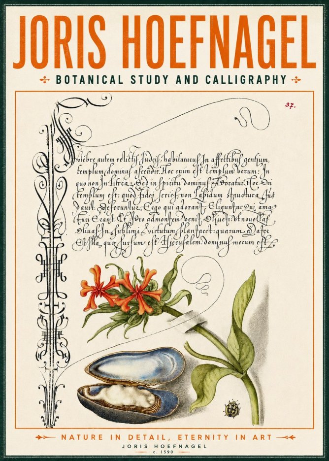 Joris Hoefnagel Botanical Study and Calligraphic Page No4 - Plakat
