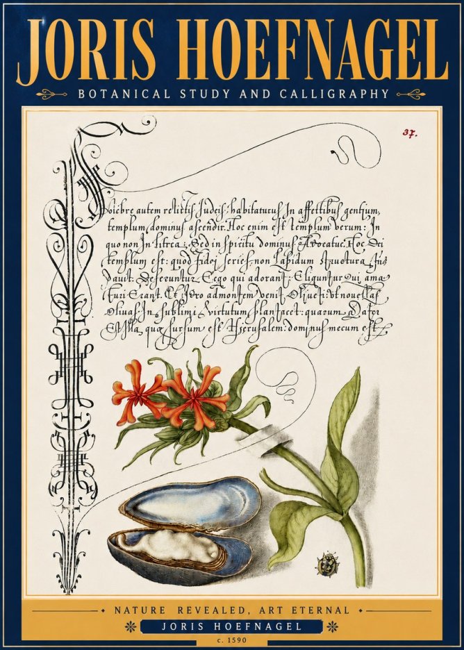 Joris Hoefnagel Botanical Study and Calligraphic Page No6 - Plakat