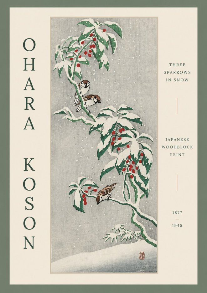 Ohara Koson Three Sparrows in Snow No3 - Plakat