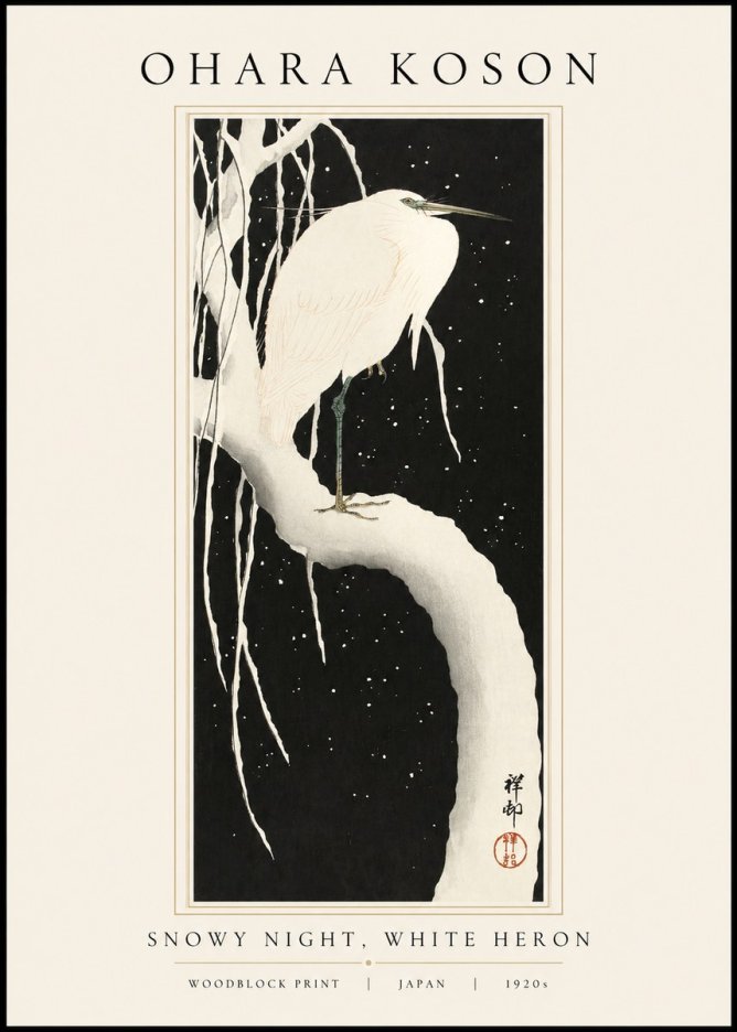 Ohara Koson Snowy Night, White Heron No1 - Plakat
