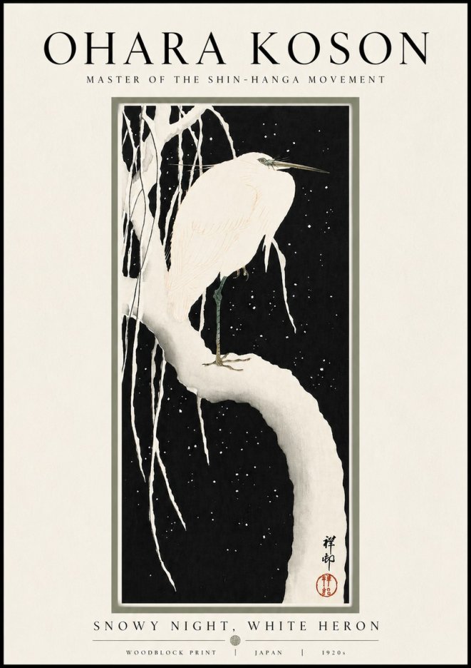 Ohara Koson Snowy Night, White Heron No4 - Plakat