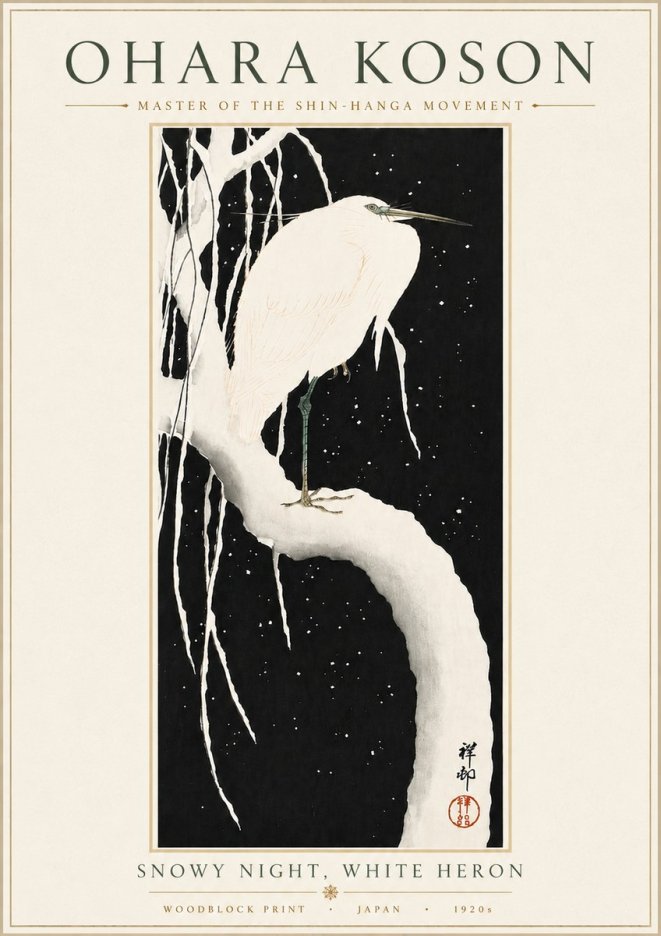 Ohara Koson Snowy Night, White Heron No6 - Plakat