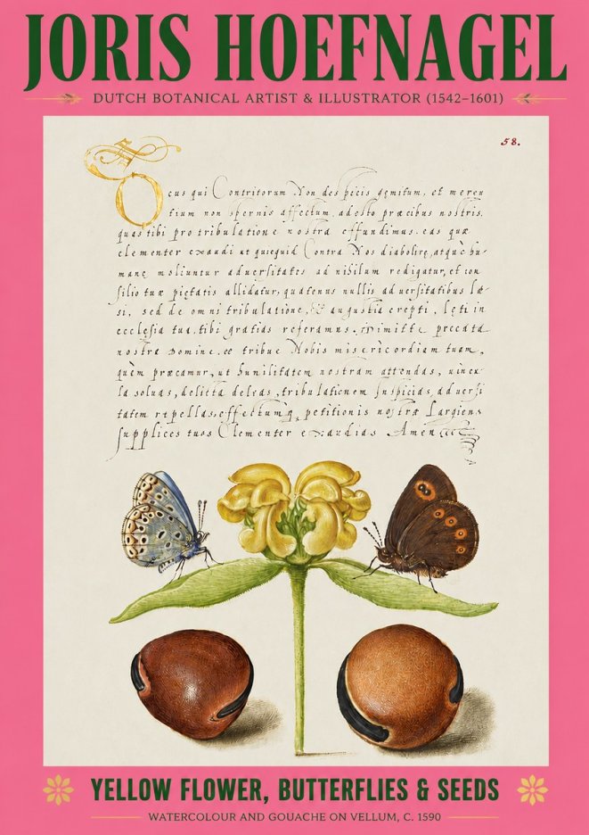 Joris Hoefnagel Yellow Flower, Butterflies & Seeds No2 - Plakat