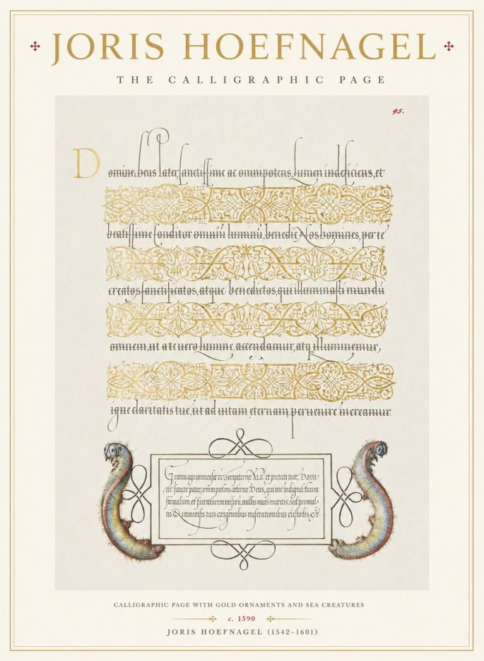 Joris Hoefnagel Calligraphic Page with Gold Ornaments and Sea Creatures No1 - Plakat