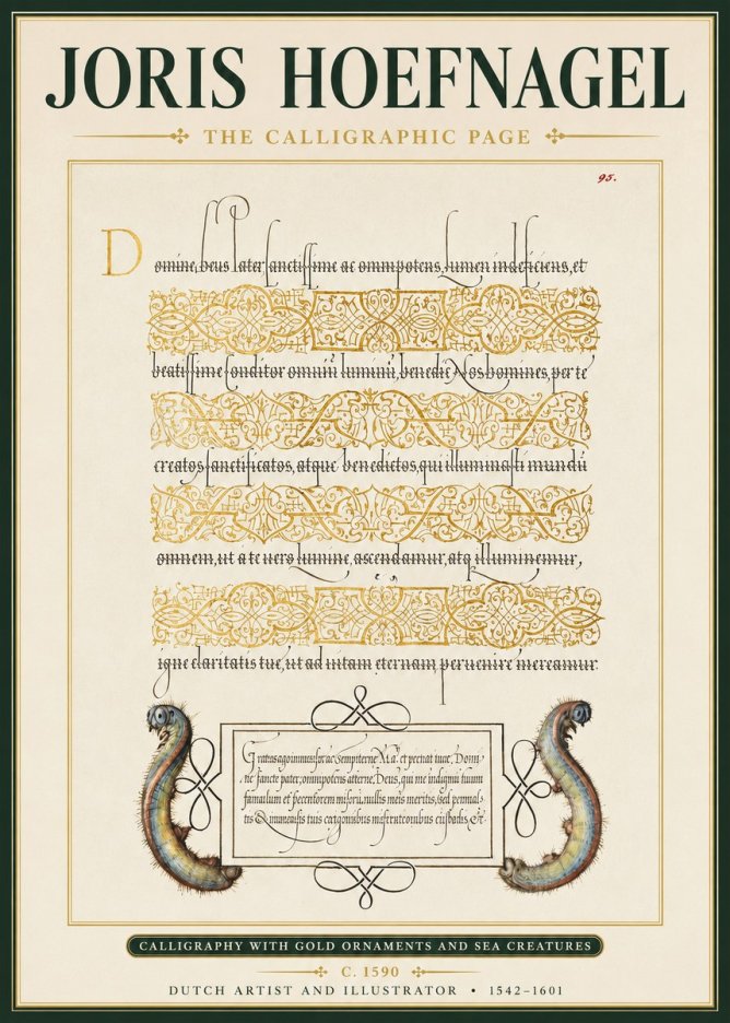 Joris Hoefnagel Calligraphic Page with Gold Ornaments and Sea Creatures No3 - Plakat