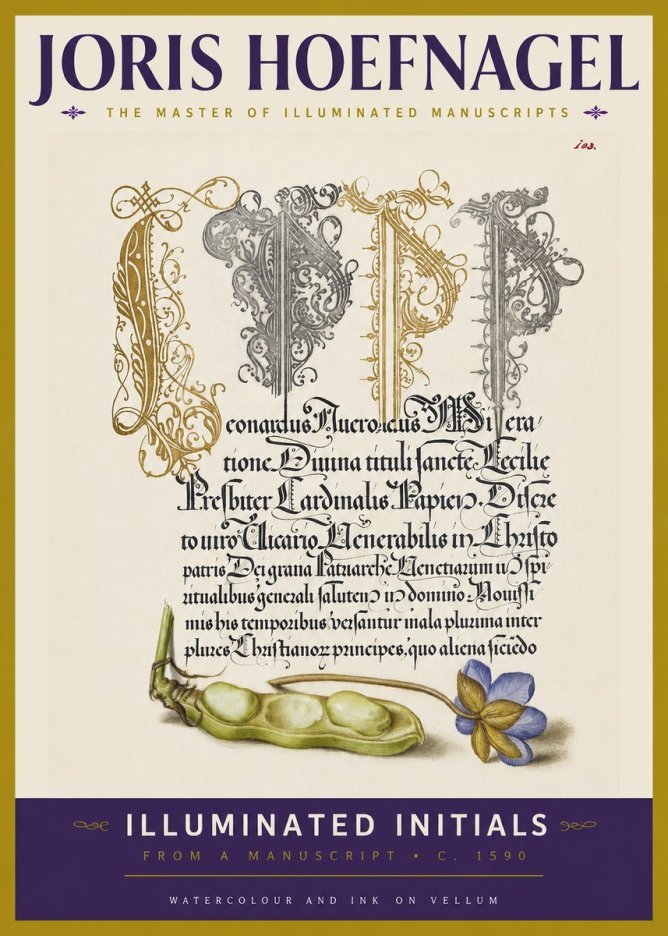 Joris Hoefnagel Illuminated Initials with Peapod and Flower No3 - Plakat