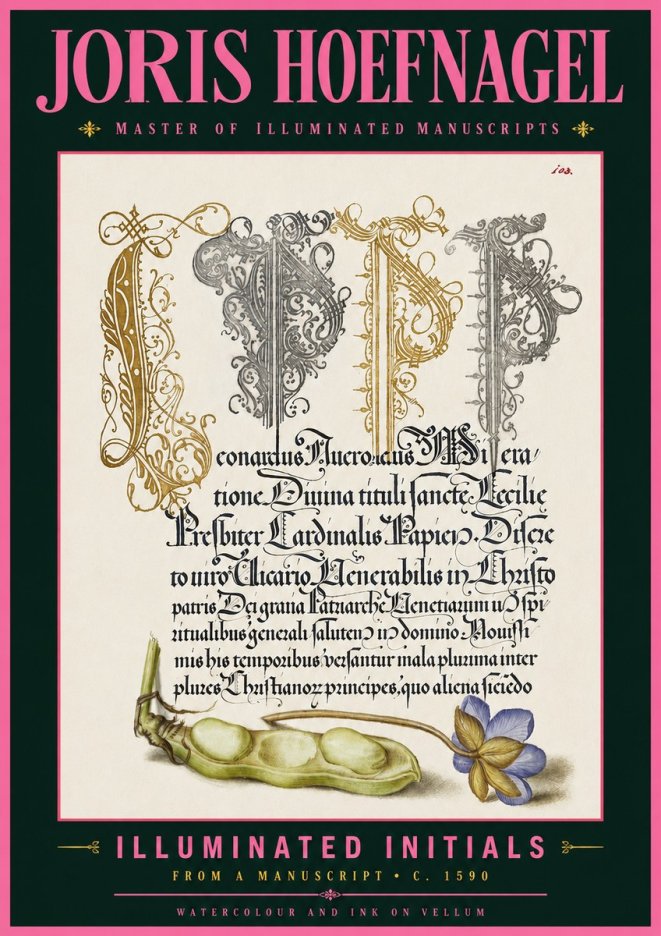 Joris Hoefnagel Illuminated Initials with Peapod and Flower No6 - Plakat
