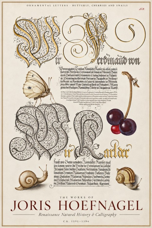 Joris Hoefnagel Ornamental Letters with Butterfly, Cherries and Snails No4 - Plakat