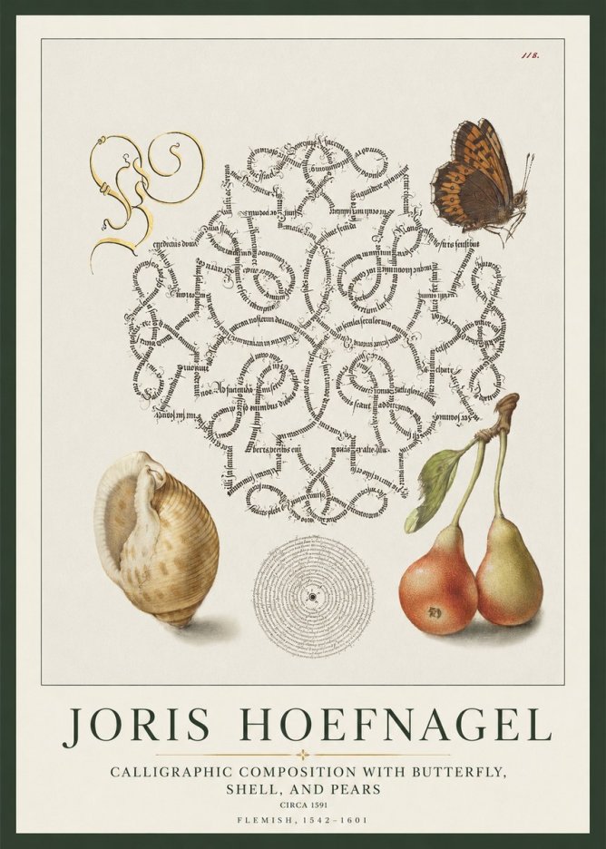 Joris Hoefnagel Calligraphic Composition with Butterfly, Shell, and Pears No1 - Plakat