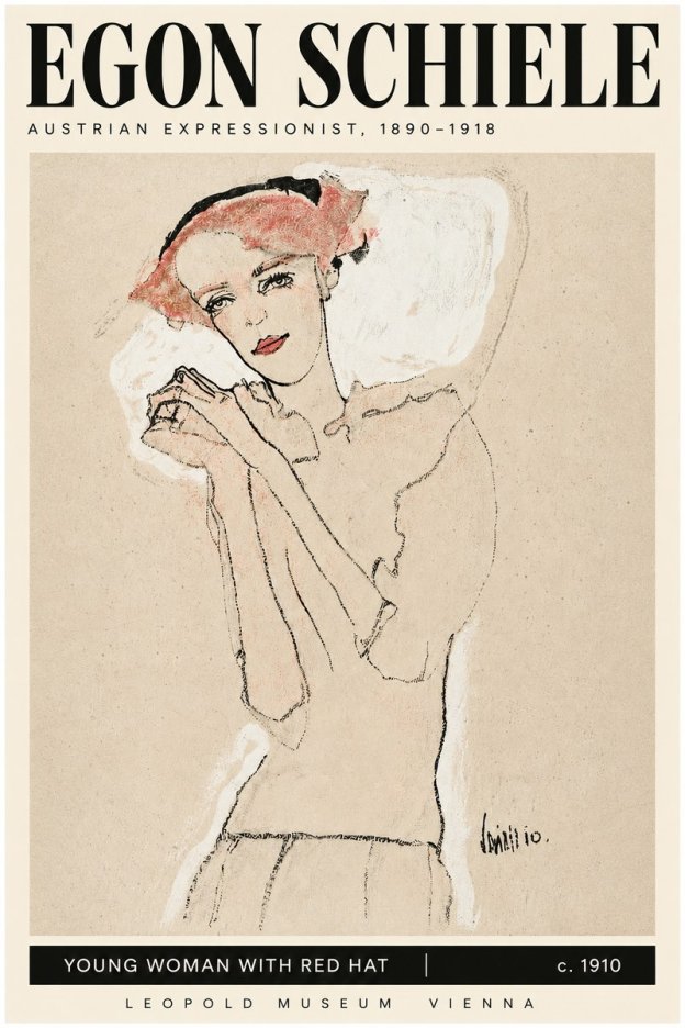 Schiele Young Woman with Red Hat No3 - Plakat