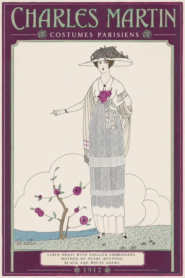 Charles Martin Linen Dress with English Embroidery, Mother-of-pearl Buttons, Black and White Shawl No2 - Plakat