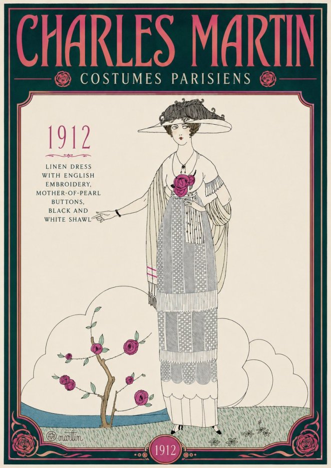 Charles Martin Linen Dress with English Embroidery, Mother-of-pearl Buttons, Black and White Shawl No4 - Plakat
