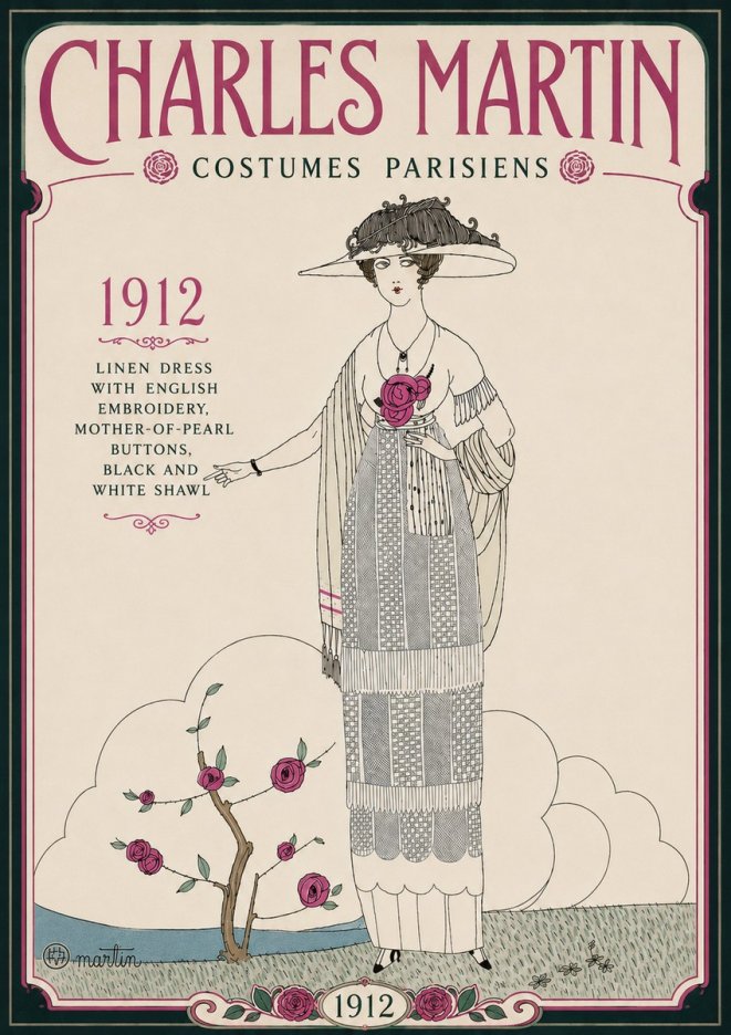 Charles Martin Linen Dress with English Embroidery, Mother-of-pearl Buttons, Black and White Shawl No6 - Plakat