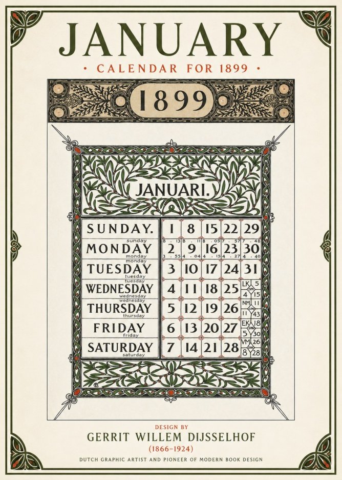 Gerrit Willem Dijsselhof January. Calendar for 1899. No1 - Plakat