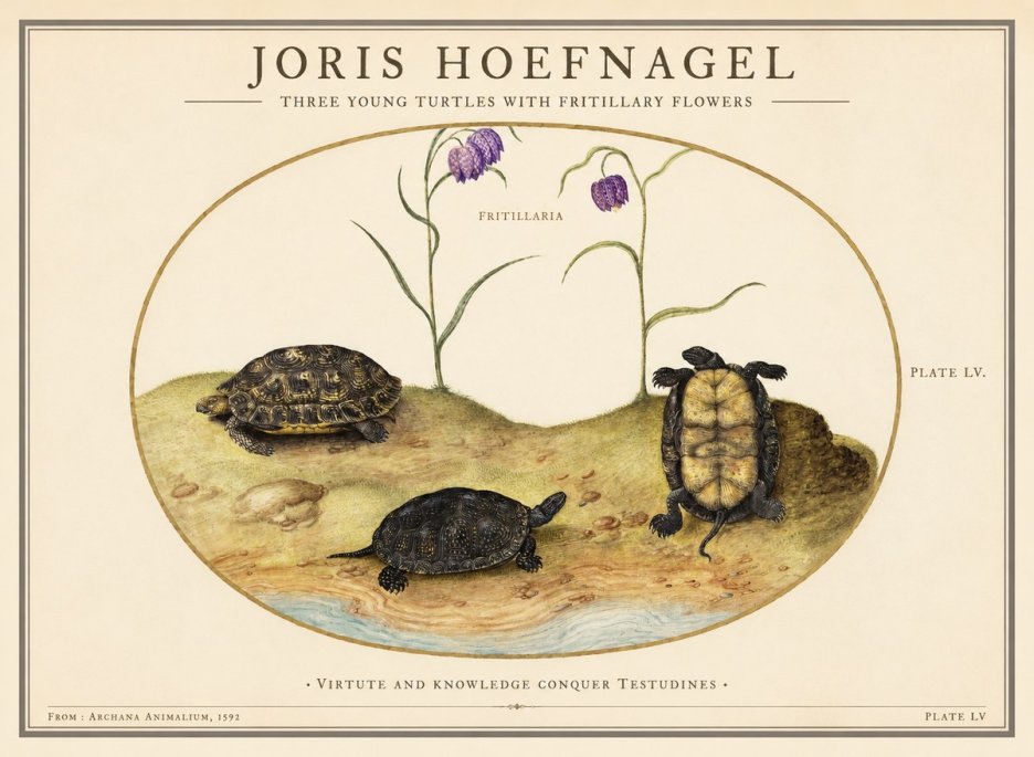 Joris Hoefnagel Three Young Turtles with Fritillary Flowers No1 - Plakat