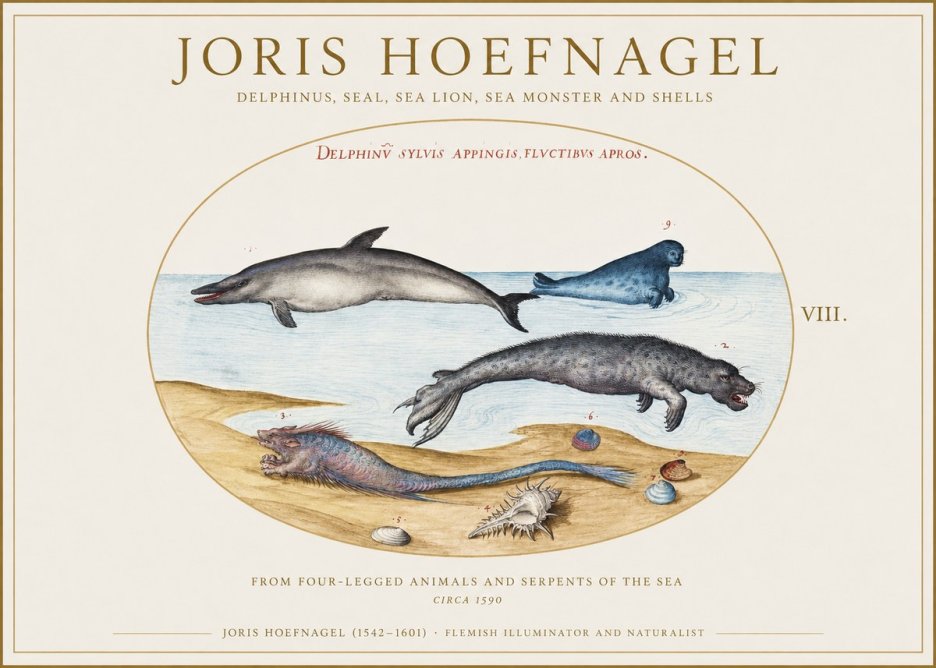 Joris Hoefnagel Delphinus, Seal, Sea Lion, Sea Monster and Shells No1 - Plakat
