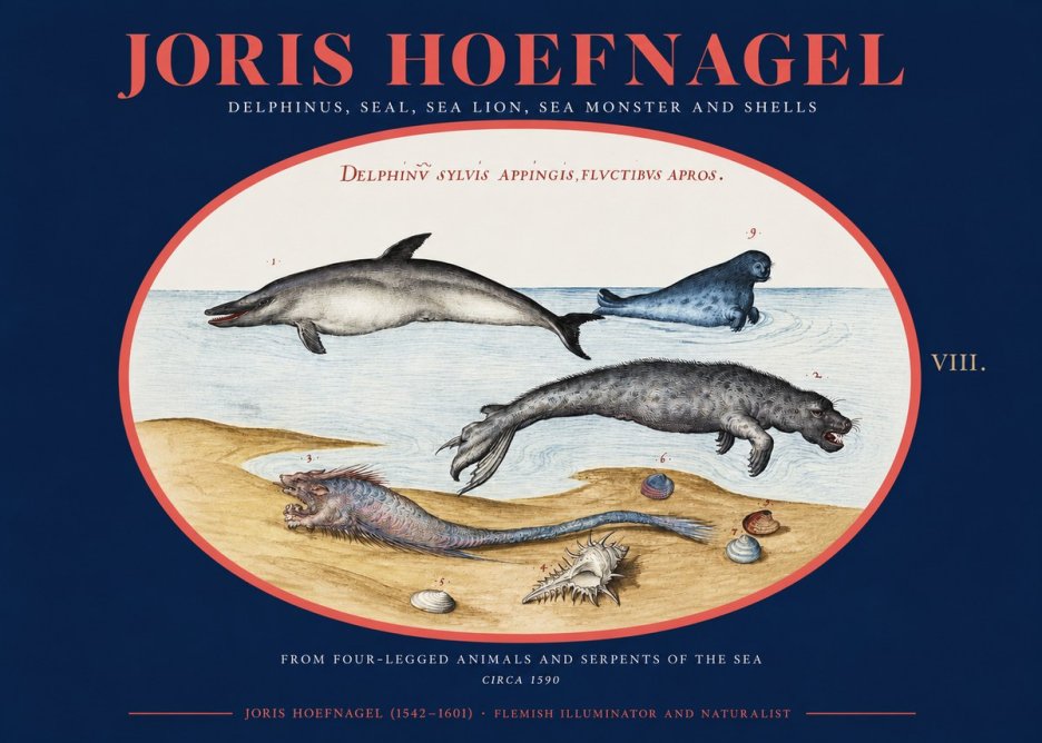 Joris Hoefnagel Delphinus, Seal, Sea Lion, Sea Monster and Shells No2 - Plakat
