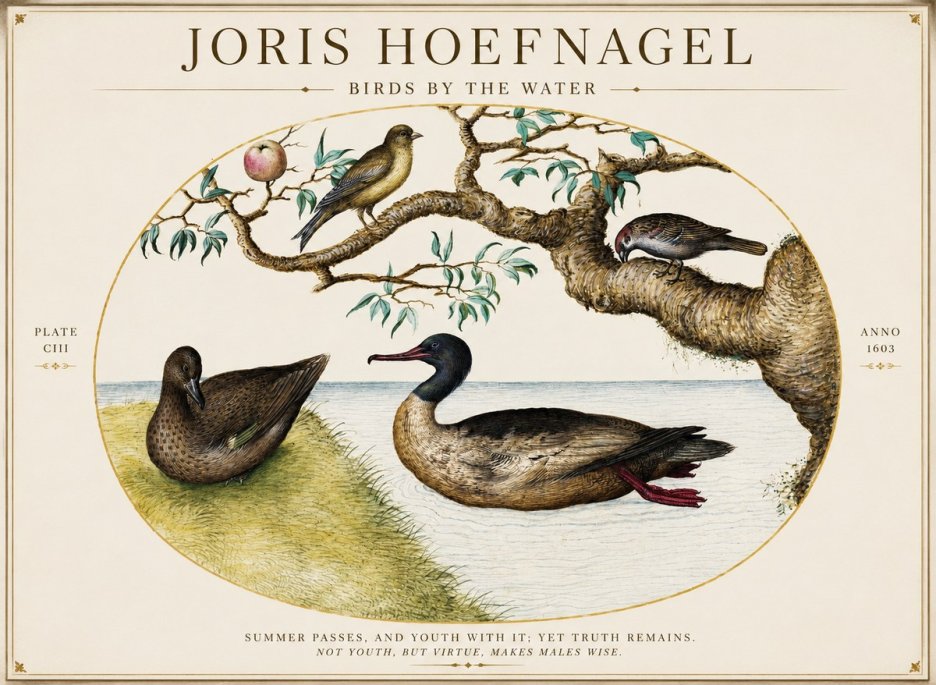 Joris Hoefnagel Ducks and Passerines with Apple Tree No5 - Plakat