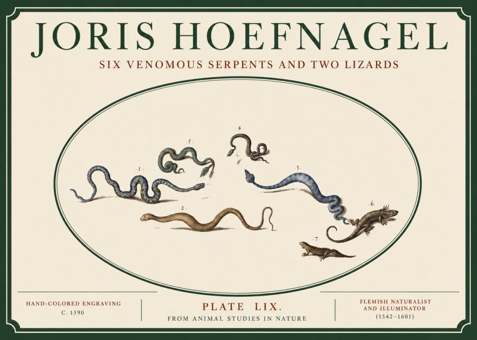 Joris Hoefnagel Six Venomous Serpents and Two Lizards No3 - Plakat