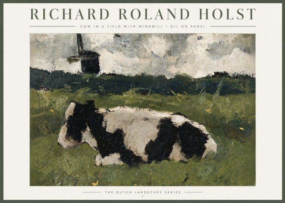 Richard Roland Holst Cow in a Field with Windmill No4 - Plakat