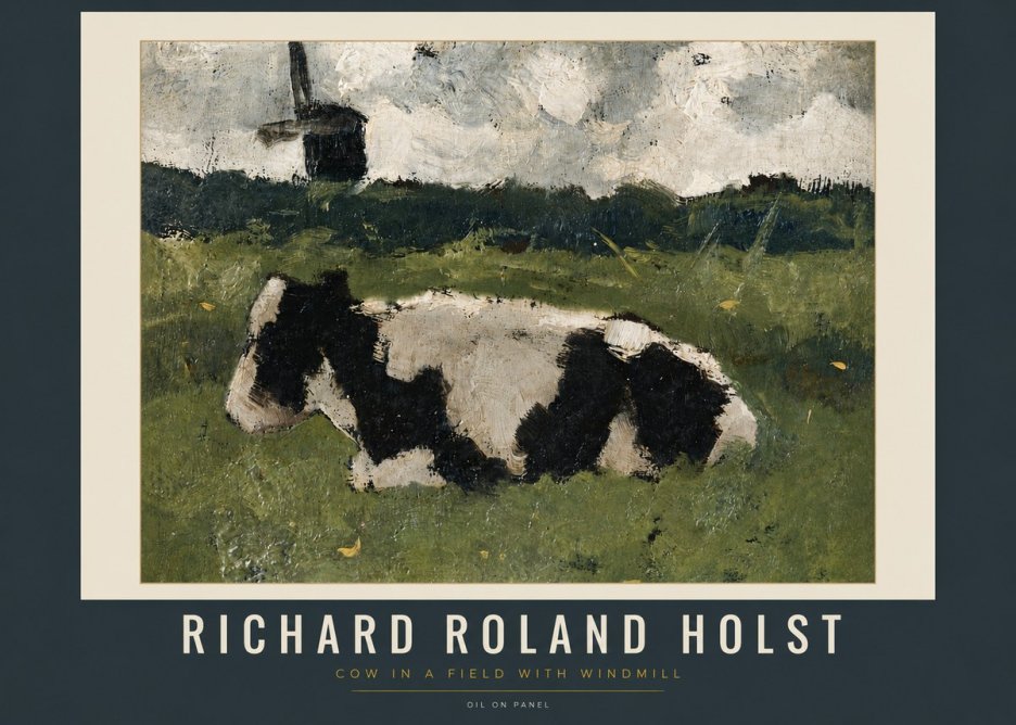 Richard Roland Holst Cow in a Field with Windmill No5 - Plakat