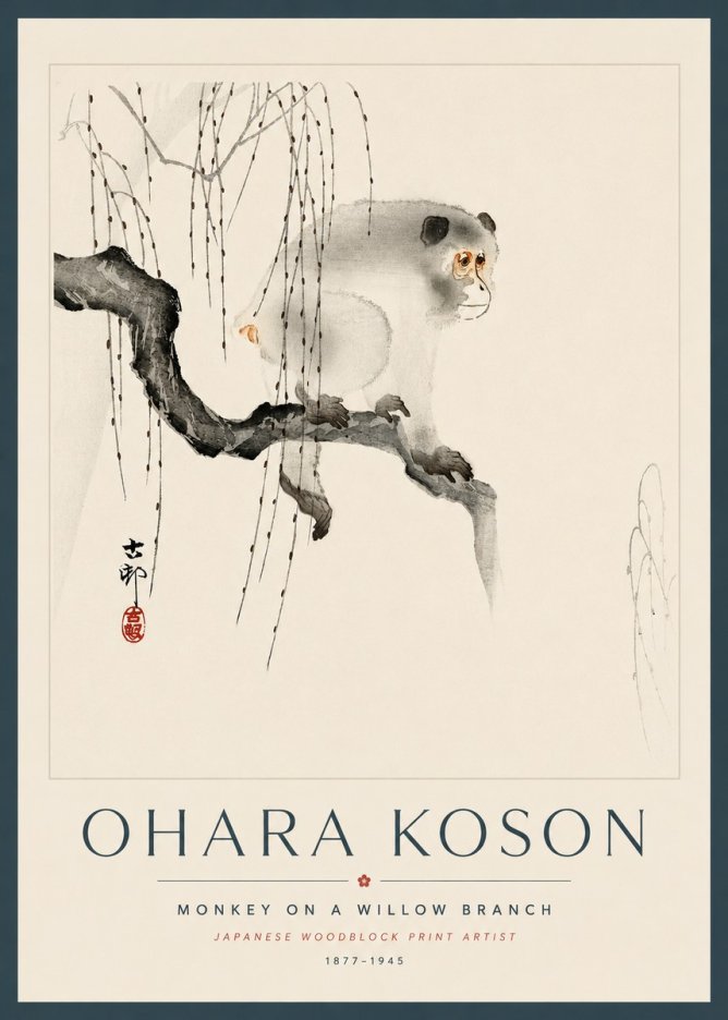 Ohara Koson Monkey on a Willow Branch No5 - Plakat