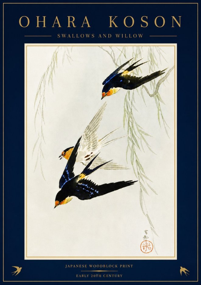 Ohara Koson Swallows and Willow I No5 - Plakat