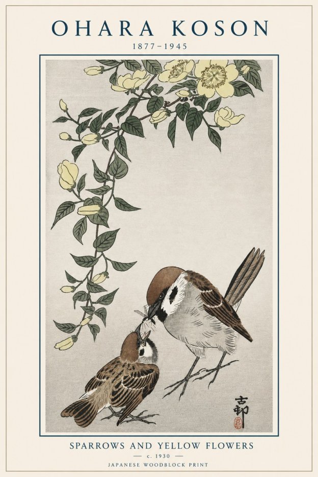 Ohara Koson Sparrows and Yellow Flowers No4 - Plakat