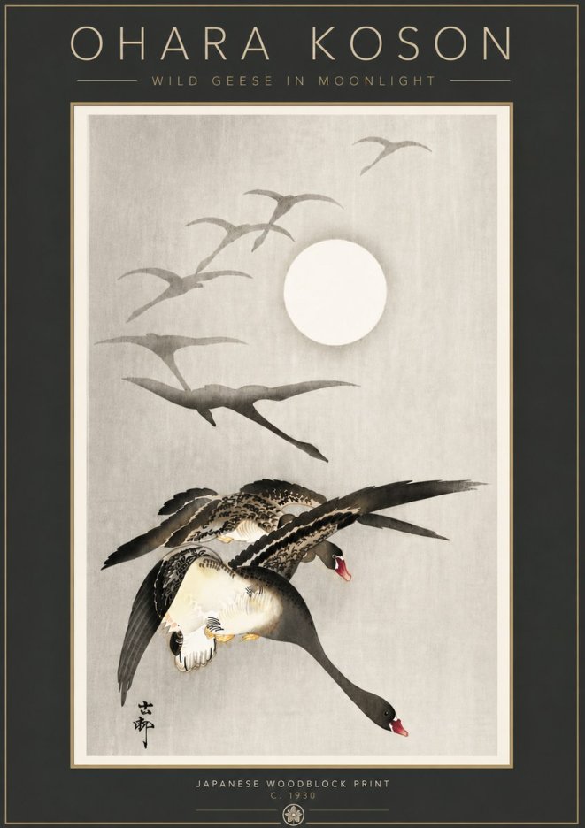 Ohara Koson Wild Geese in Moonlight I No6 - Plakat