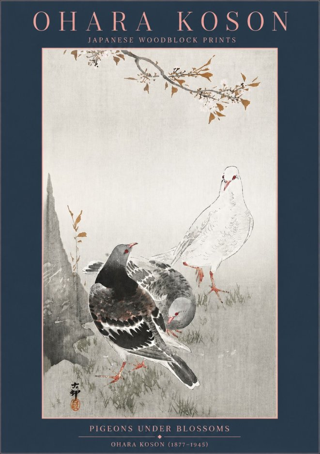 Ohara Koson Pigeons Under Blossoms No4 - Plakat