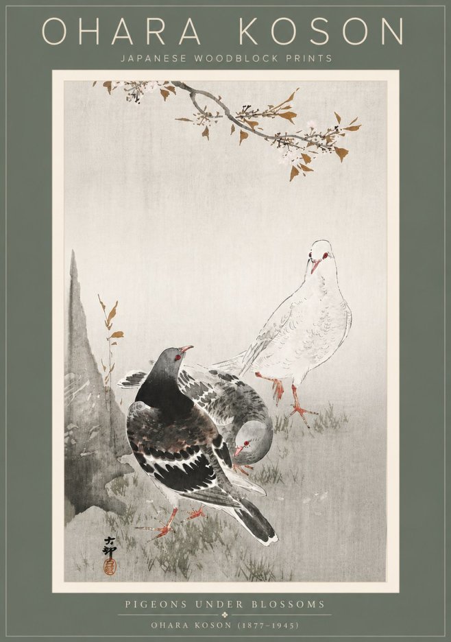 Ohara Koson Pigeons Under Blossoms No5 - Plakat
