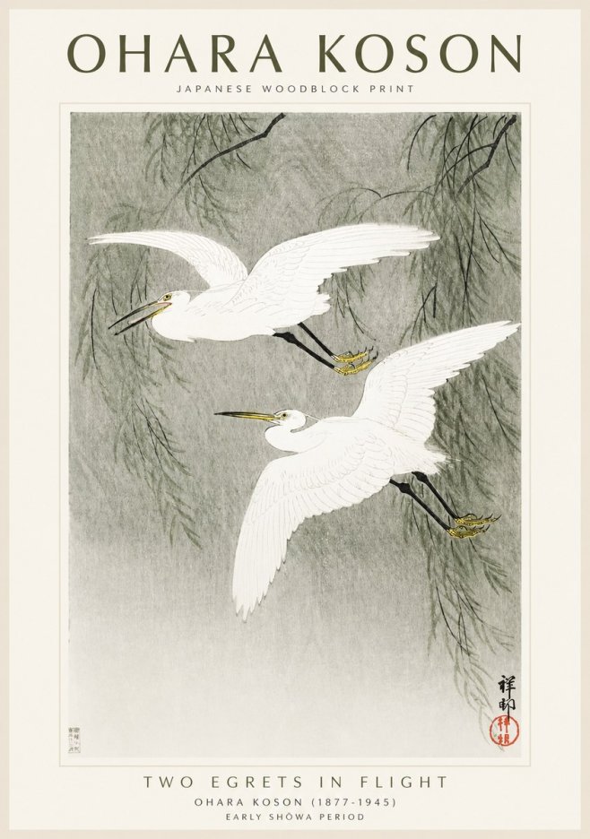 Ohara Koson Two Egrets in Flight No1 - Plakat