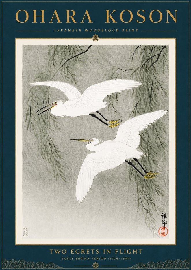 Ohara Koson Two Egrets in Flight No6 - Plakat