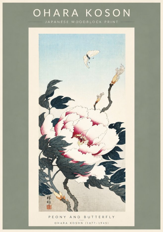 Ohara Koson Peony and Butterfly No3 - Plakat