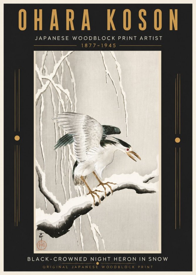 Ohara Koson Black-crowned Night Heron in Snow No5 - Plakat