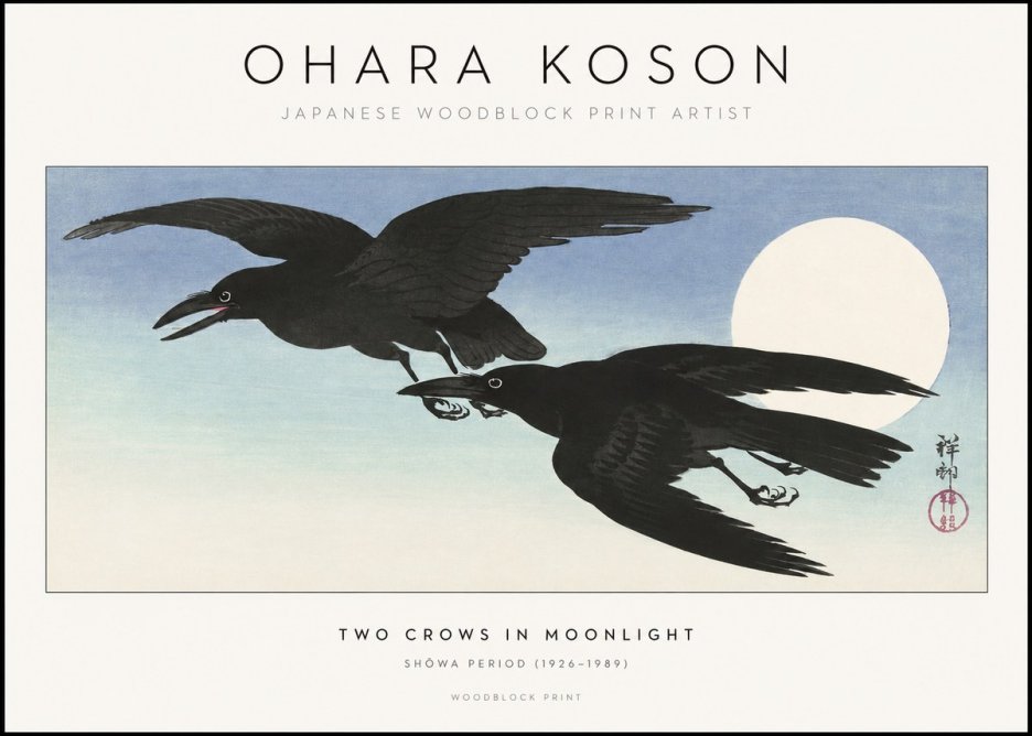 Ohara Koson Two Crows in Flight, Moonlight No2 - Plakat