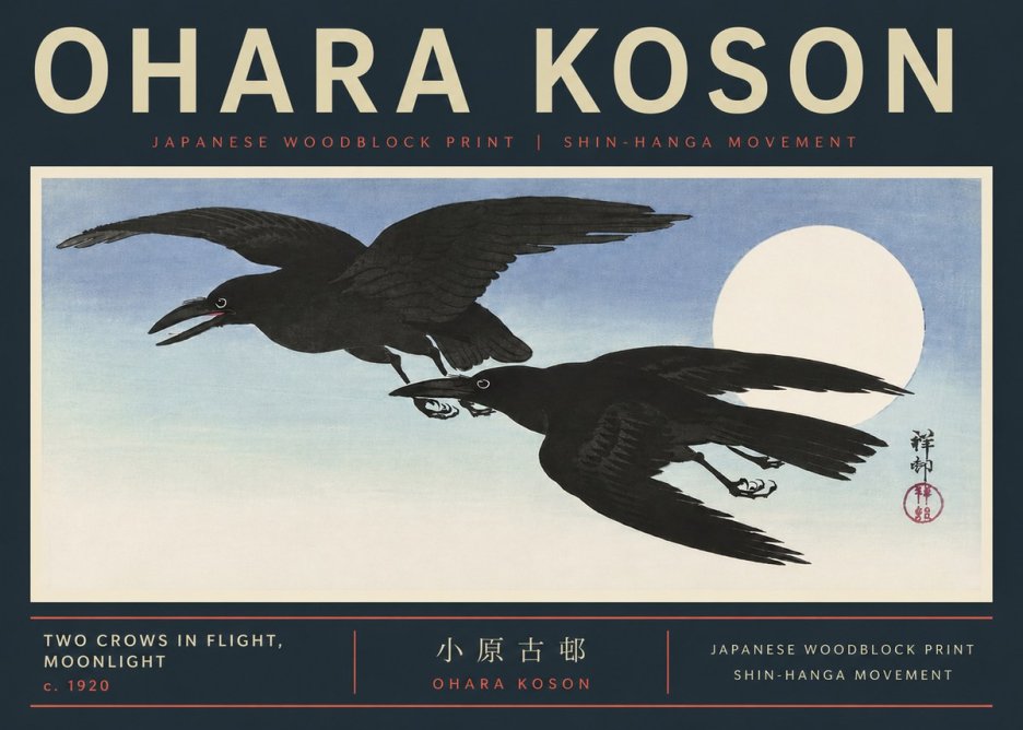 Ohara Koson Two Crows in Flight, Moonlight No6 - Plakat