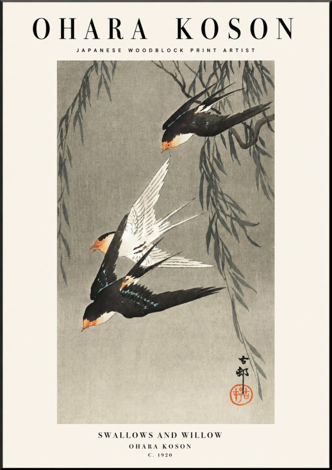 Ohara Koson Swallows and Willow II No1 - Plakat