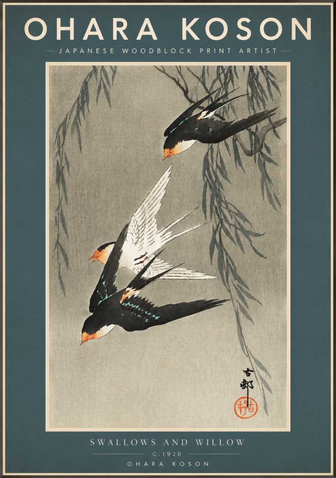 Ohara Koson Swallows and Willow II No2 - Plakat