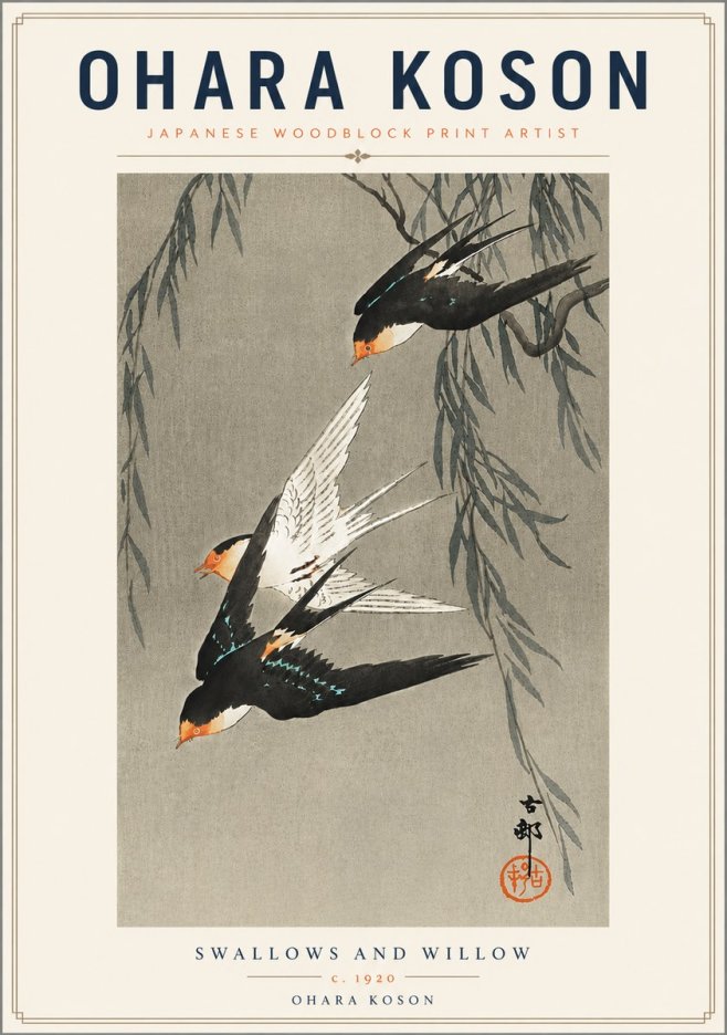 Ohara Koson Swallows and Willow II No6 - Plakat