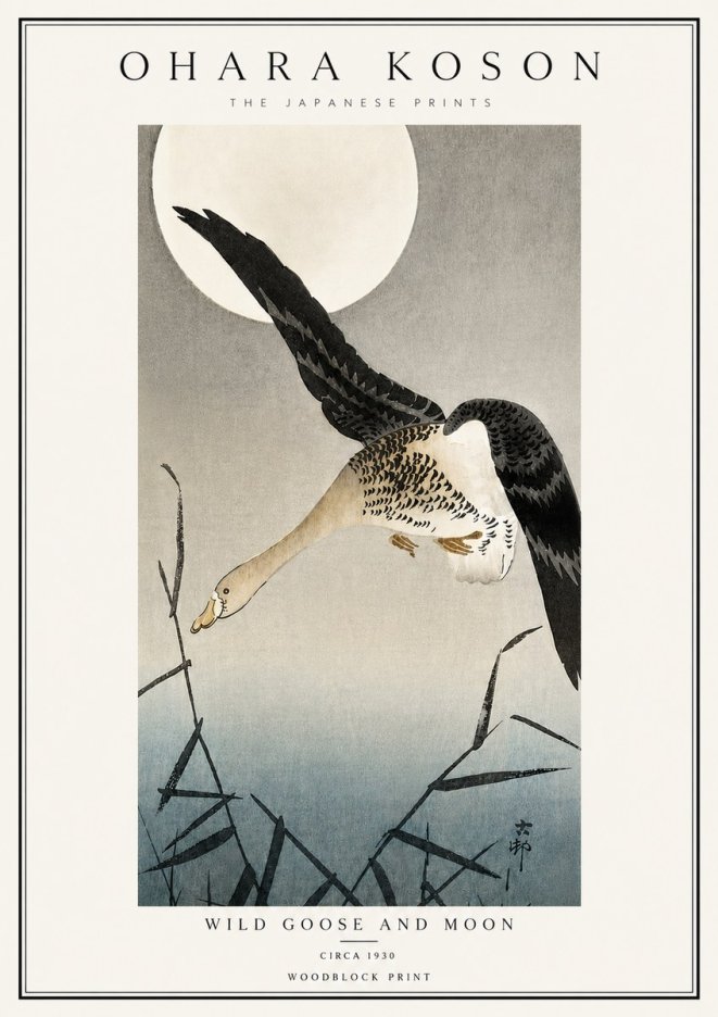 Ohara Koson Wild Goose and Moon No6 - Plakat