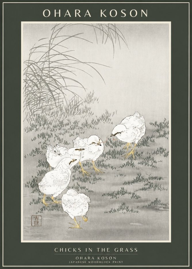 Ohara Koson Chicks in the Grass No1 - Plakat