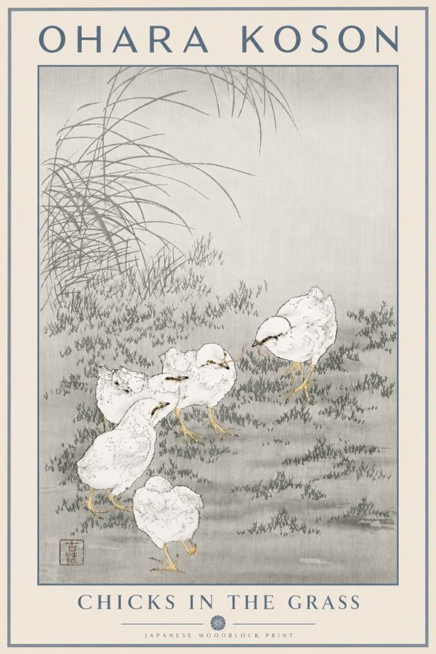 Ohara Koson Chicks in the Grass No5 - Plakat